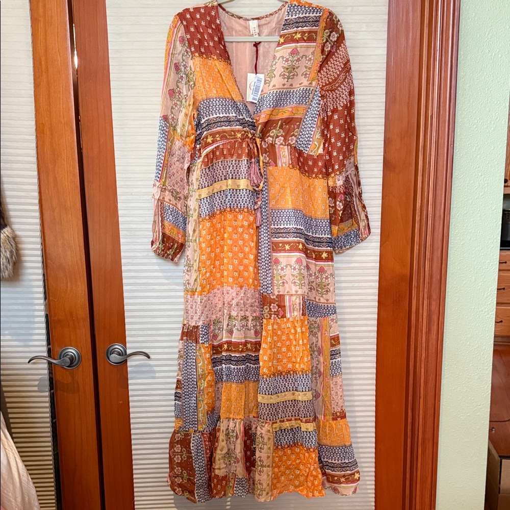 NWT RAGA Patchwork Bohemian Maxi Dress ties at waist
